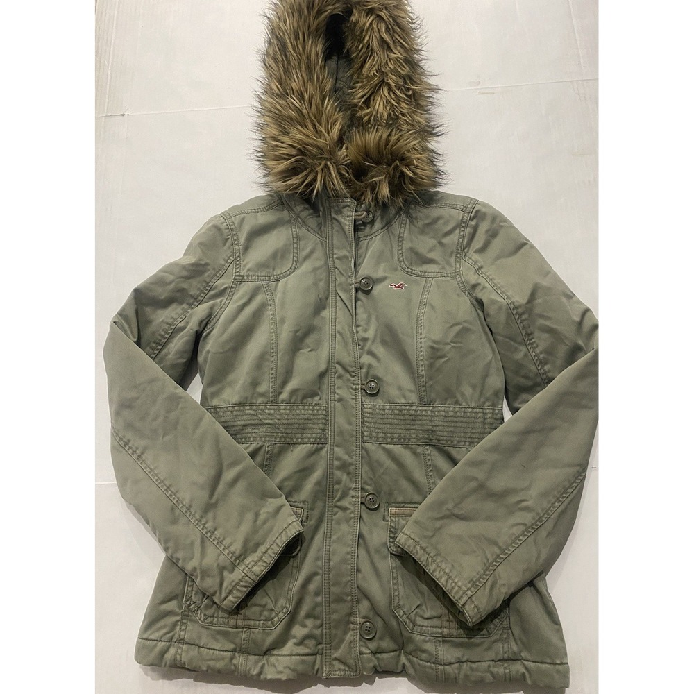 Y2K Hollister Olive Green Sherpa Lined Bomber Jacket Faux Fur Hood Womens Large